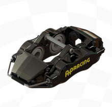 A black automotive brake caliper with yellow 'APRACING' branding, shown on a white checkered background with a disclaimer text at the bottom.